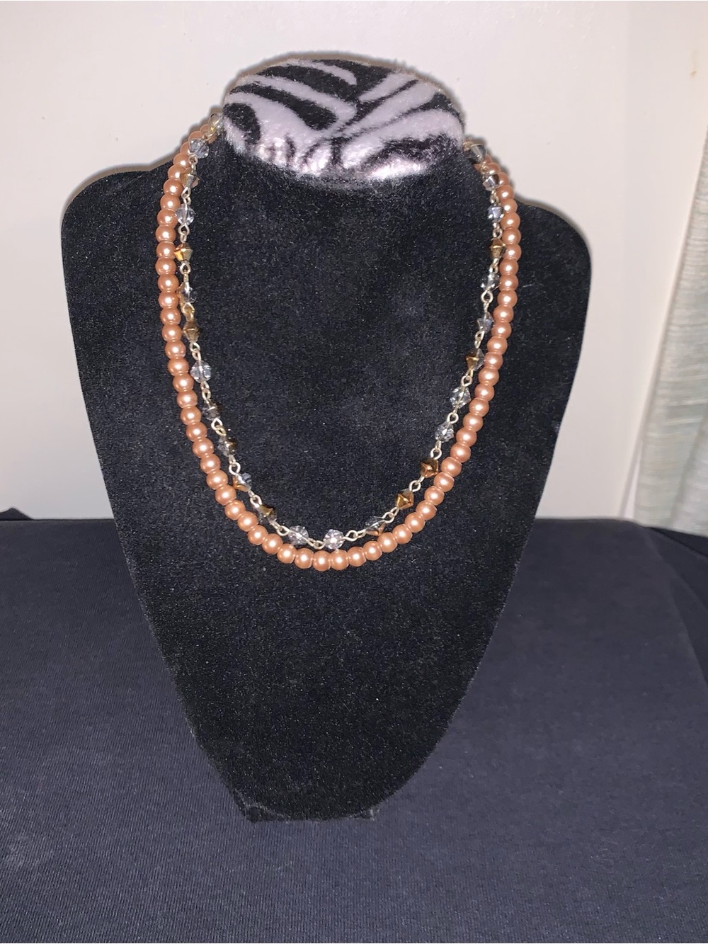 Peach Pearl and Crystal Double Strand Necklace